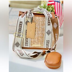 Steve Madden BWebber Straw Satchel Detachable Crossbody & Pouch Cognac NWT
